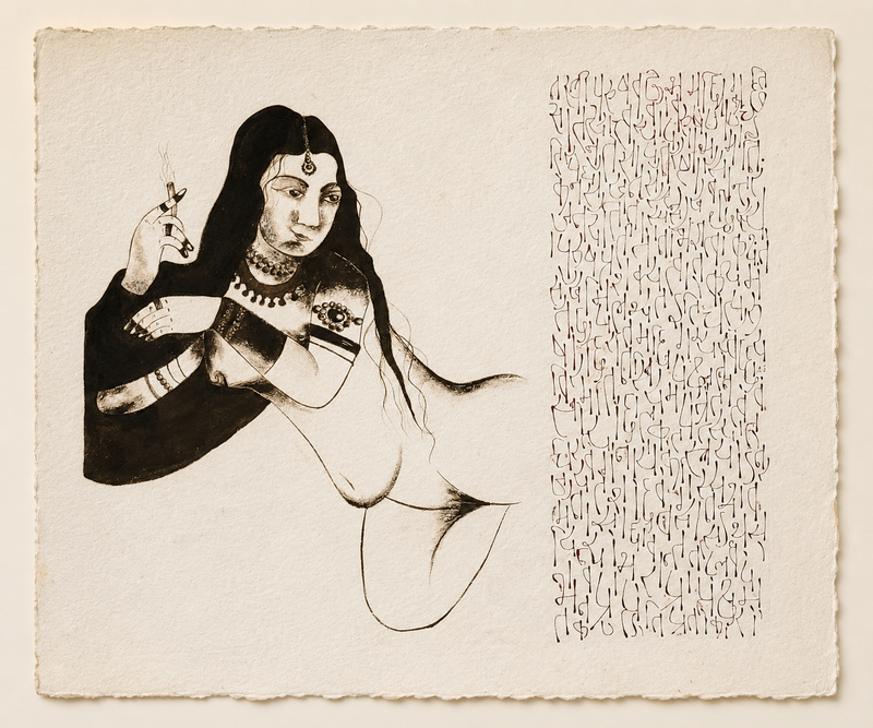 A black ink illustration on textured off-white paper, showing a reclining nude woman with long dark hair, jewelry, and a small smoking object in her raised hand, alongside a vertical column of dense handwritten text. The paper is photographed straight-on against a matching off-white background.